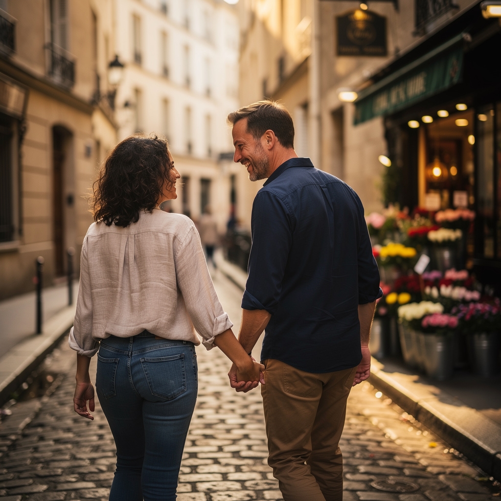 Couple se promenant dans le Marais à Paris, photographie naturelle
