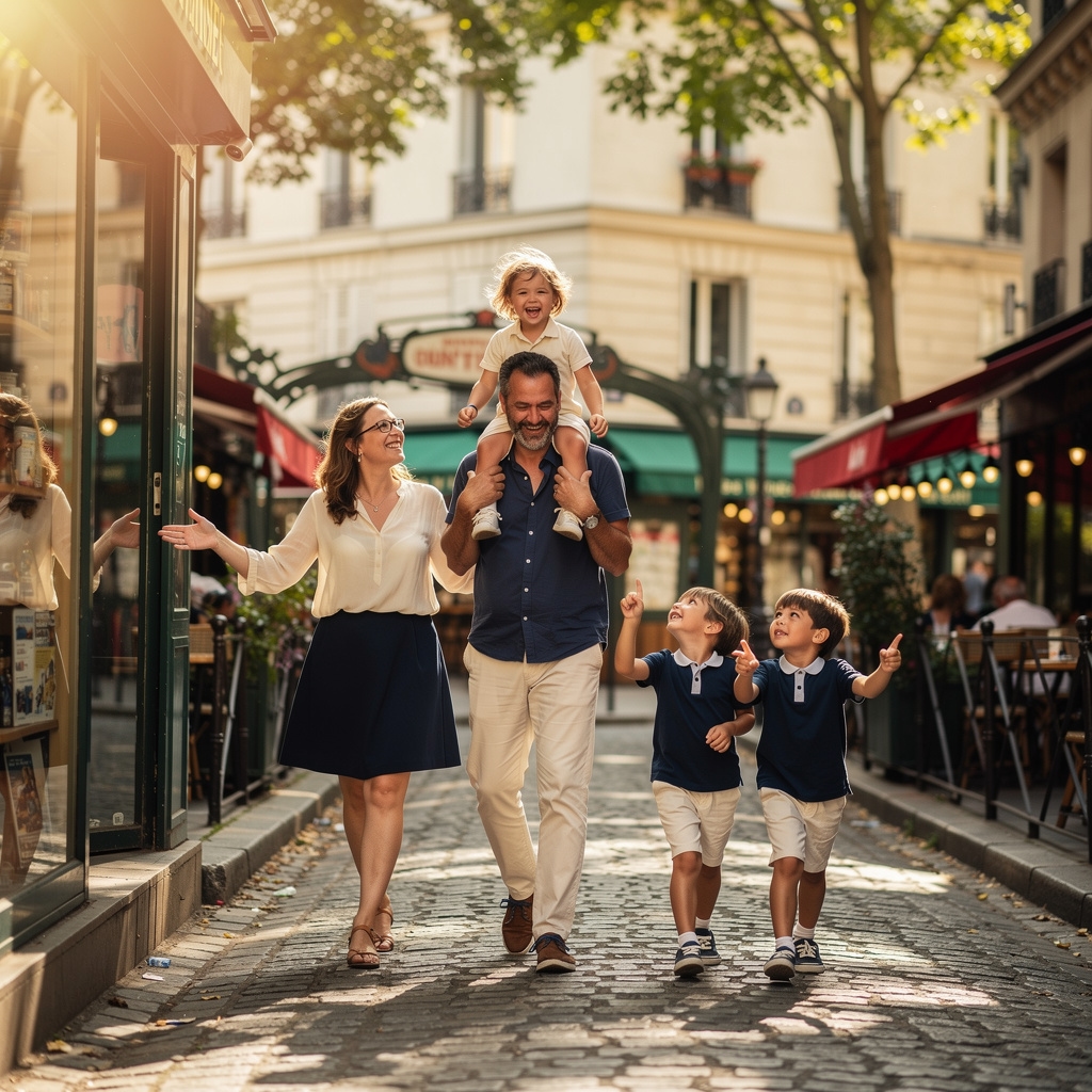Famille avec enfants en balade dans les ruelles de Montmartre, Paris