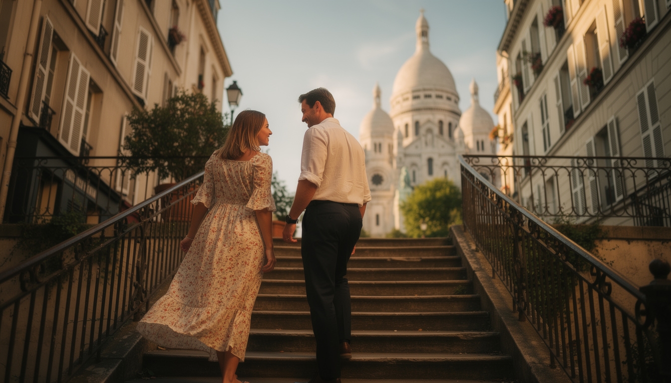 Couple dans une ruelle de Montmartre au coucher du soleil