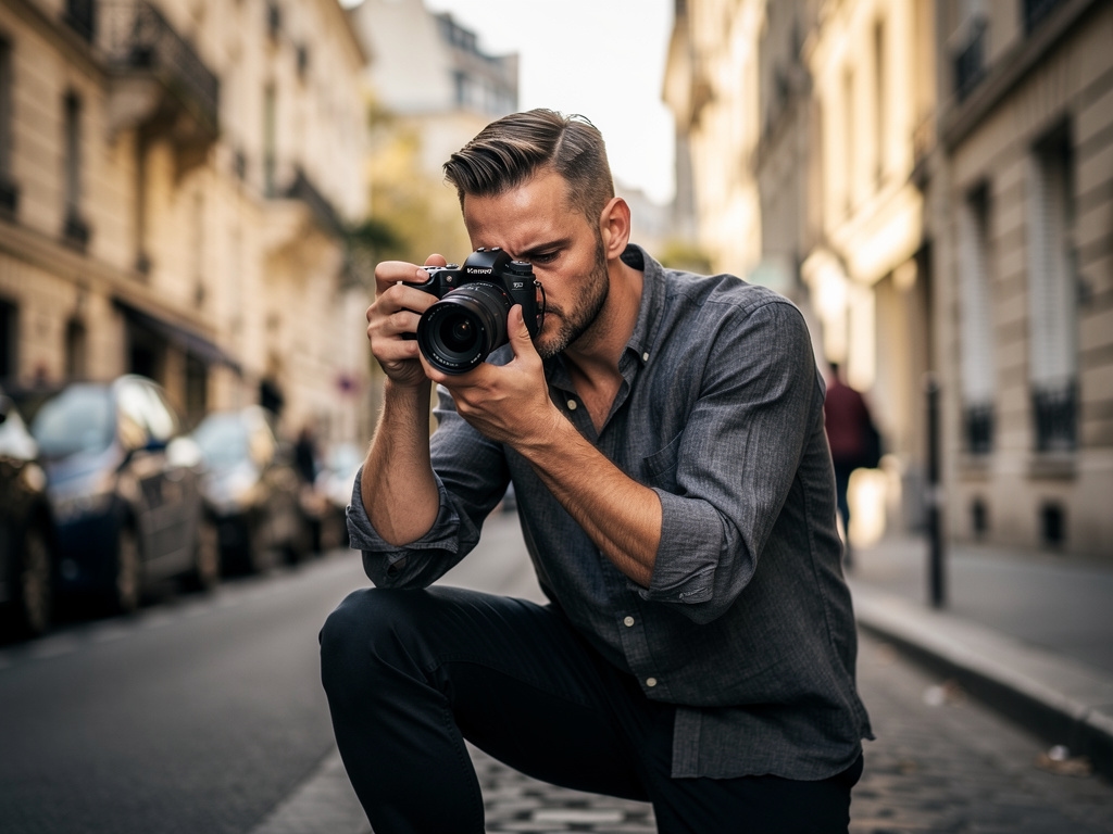 Photographe professionnel en train de travailler discrètement dans une rue parisienne