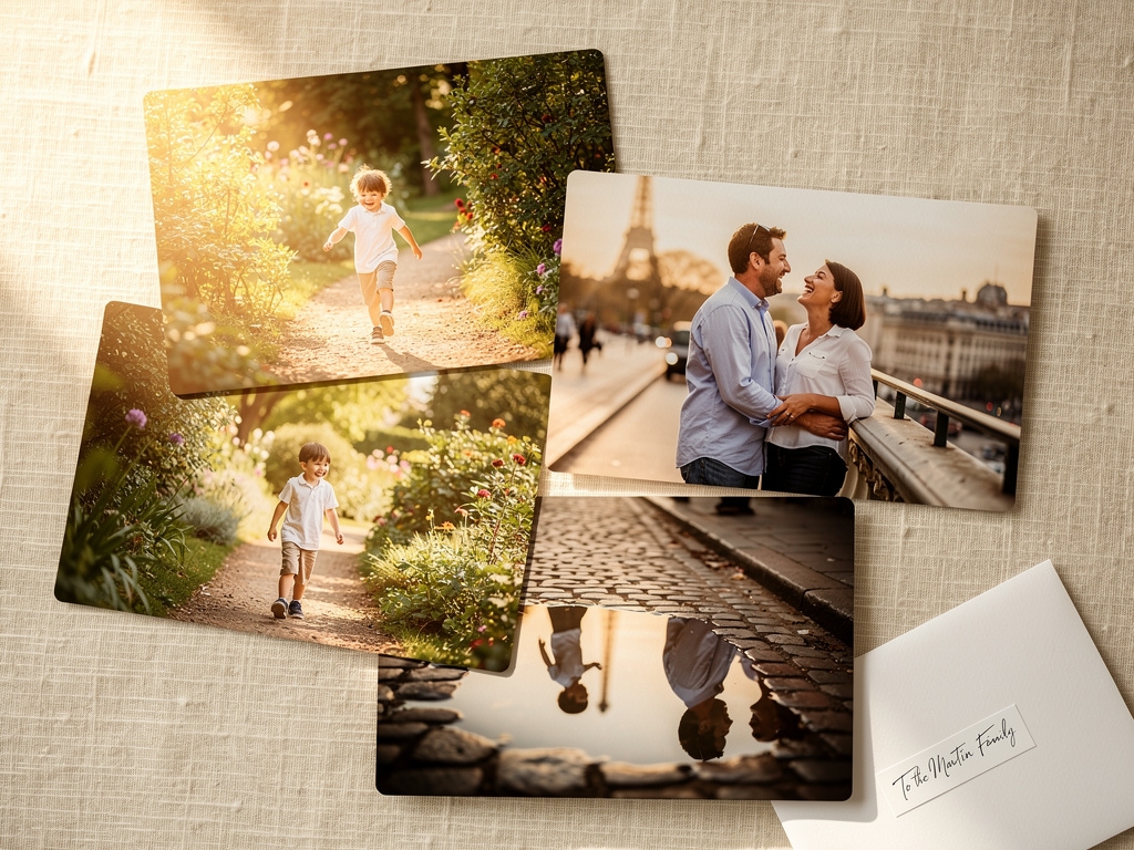 Tirages photo papier d'une famille posés sur une table, souvenir de voyage à Paris